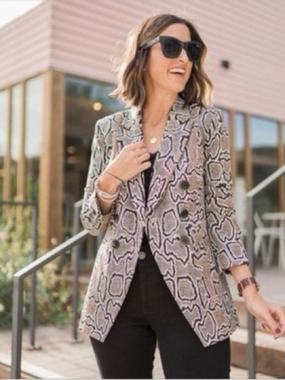 CAbi Taupe and Black Snake-Print Double-Breasted Blazer